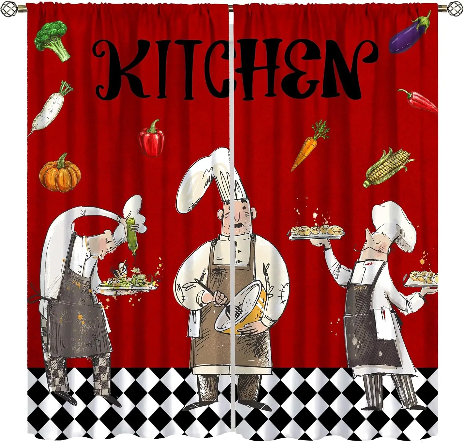 Chef Cooking Curtains for Kitchen,R Cartoon Rustic Vegetable Fruit Lattice Pastry Fat Chef Carrot Corn Gourmet Cookware Window