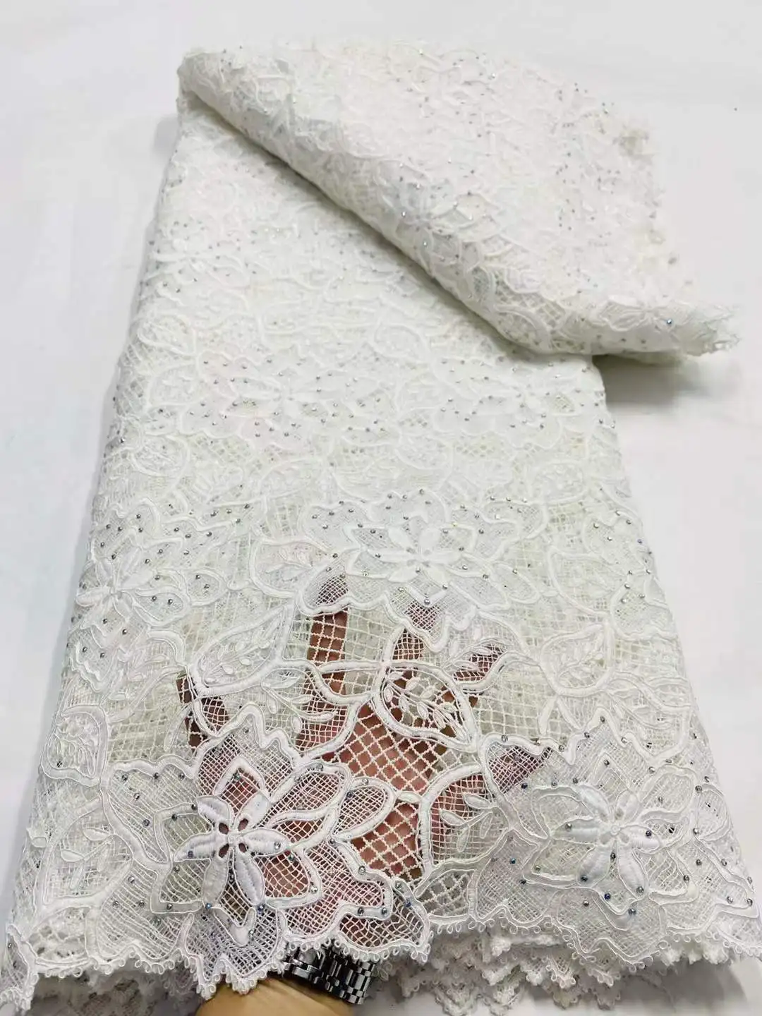 

Water Soluble Lace Fabric for Sewing Dresses, African Guipure Cord Lace, Nigerian Stones, High Quality