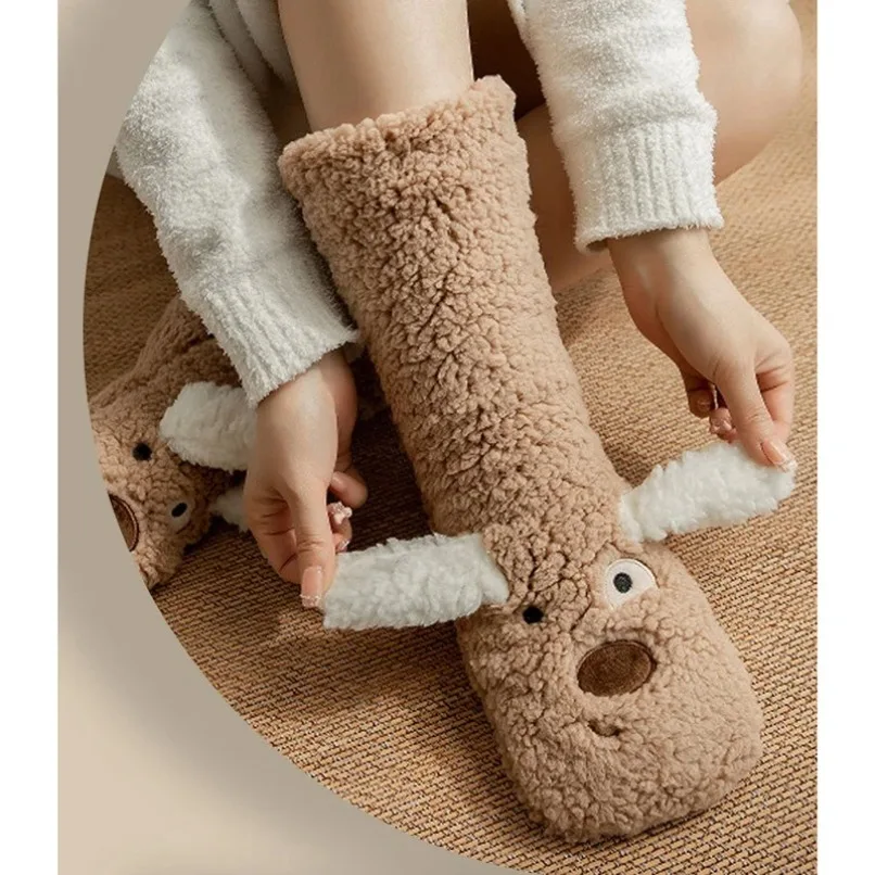 Fluffy Sock Women Fuzzy Thermal Winter Warm 3D Dog Funny Cute Kawaii Non Slip Cartoon Sleeping Soft Comfy Floor Slipper Sock view 2