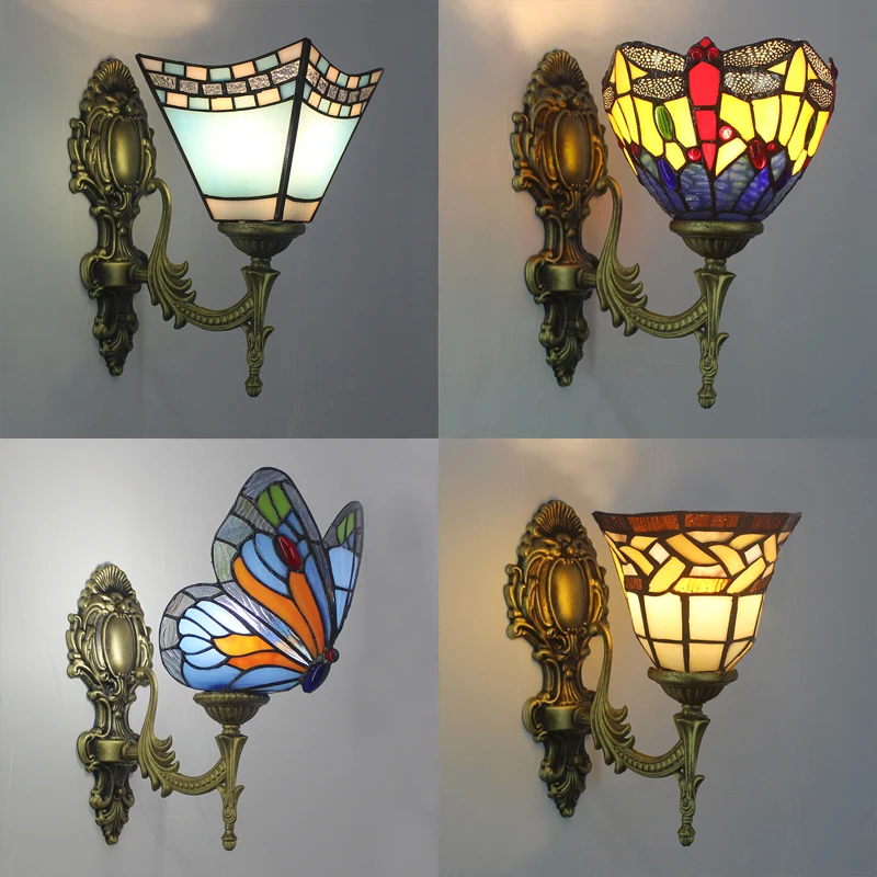 

Vintage Wall Lamps Tiffany Stained Glass Lampshade Decorative Lights Creative Bedroom Study Hallway Led Mirror Lighting Fixtures