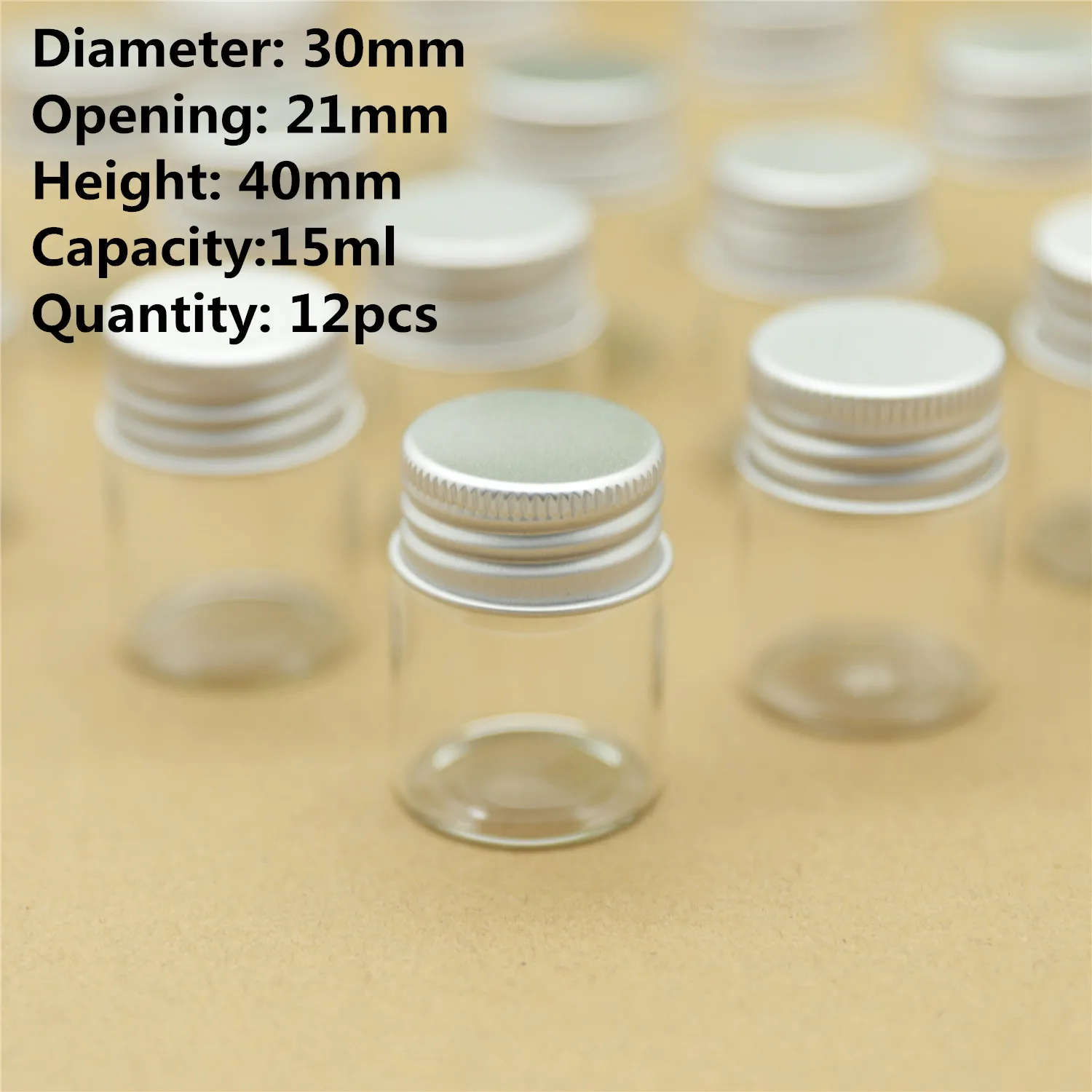 12 sztuk/partia 21*30*40mm 15ml małe szklane butelki aluminiowe nakrętki szklane słoiki fiolki probówka przezroczyste szklane pojemniki butelki