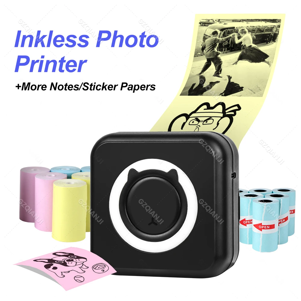 2023 Black Portable Thermal Photo Printer MINI Wirelessly Bluetooth Sticker Printing With USB Cable White Color Paper Roll Gift