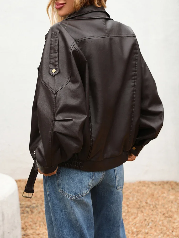 New Spring Autumn Women Streetwear Retro Loose Faux Leather Jacket Moto Biker Female Vintage Belt Zipper Coat Outwear 2025
