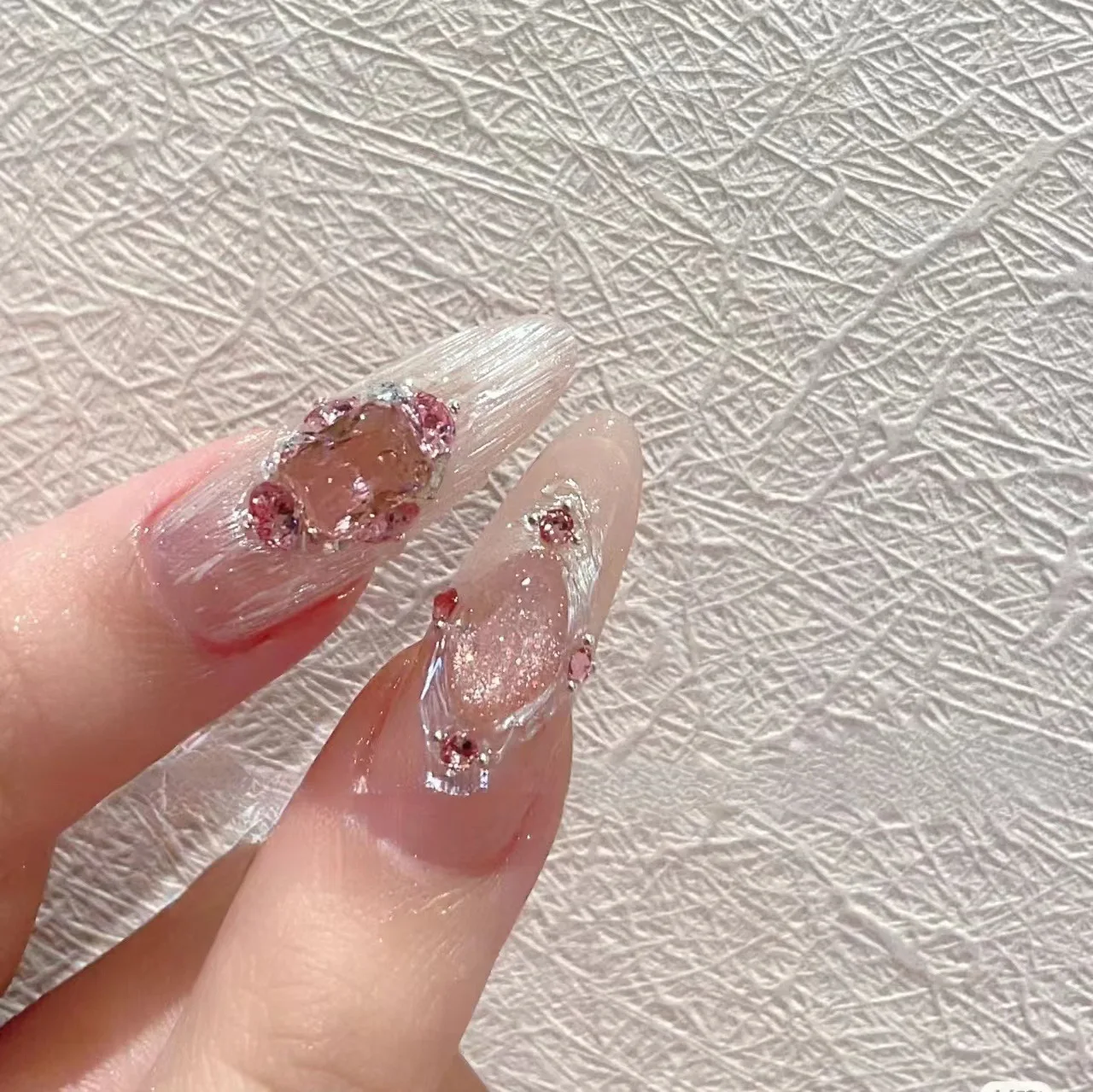 Pure Handmade Light Therapy Wear Nail Glacier Gem Sweet Buchelati Moonlight Pink Cat Eye Summer Wear Nail