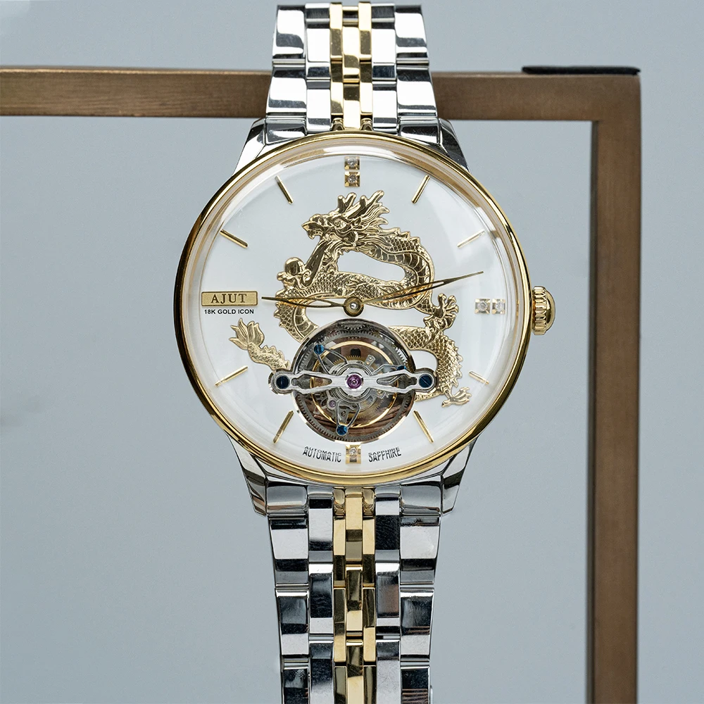 AJUT Automatic Tourbillon Mechanical Man Watches 18K Gold Dragon-shaped Sapphire Flying Movement Men Watch 0501