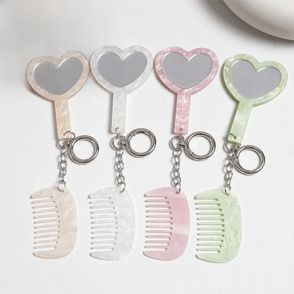 Acetate Material Grooming Keyring Mini Fine Tooth Comb Heart Shaped Mirror Compact Grooming Set Lightweight Slim Structure