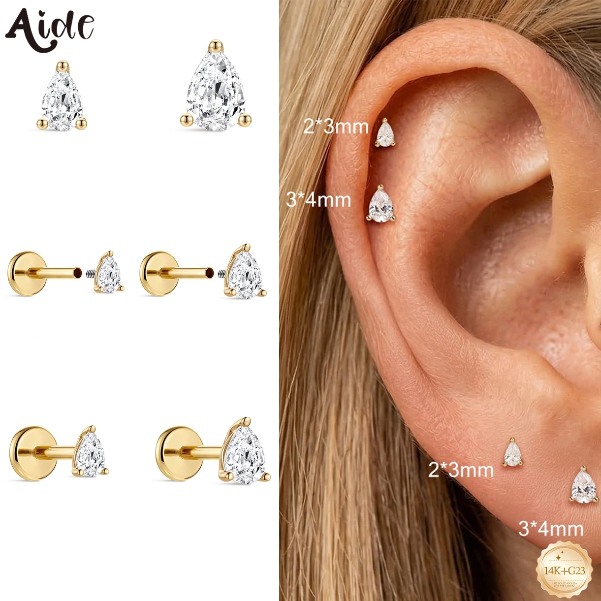 Aide 14K Soild Gold Implanted Grade Titanium Back  Water Droplet Shape Ear Stud Women's Daily Wear Earrings Accessories Jewelry