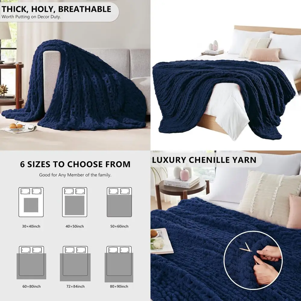 

Cozy Hand-Knitted Chenille Cable Knit Throw Blanket, 50x60 Inches, Dark Blue for Home Decor