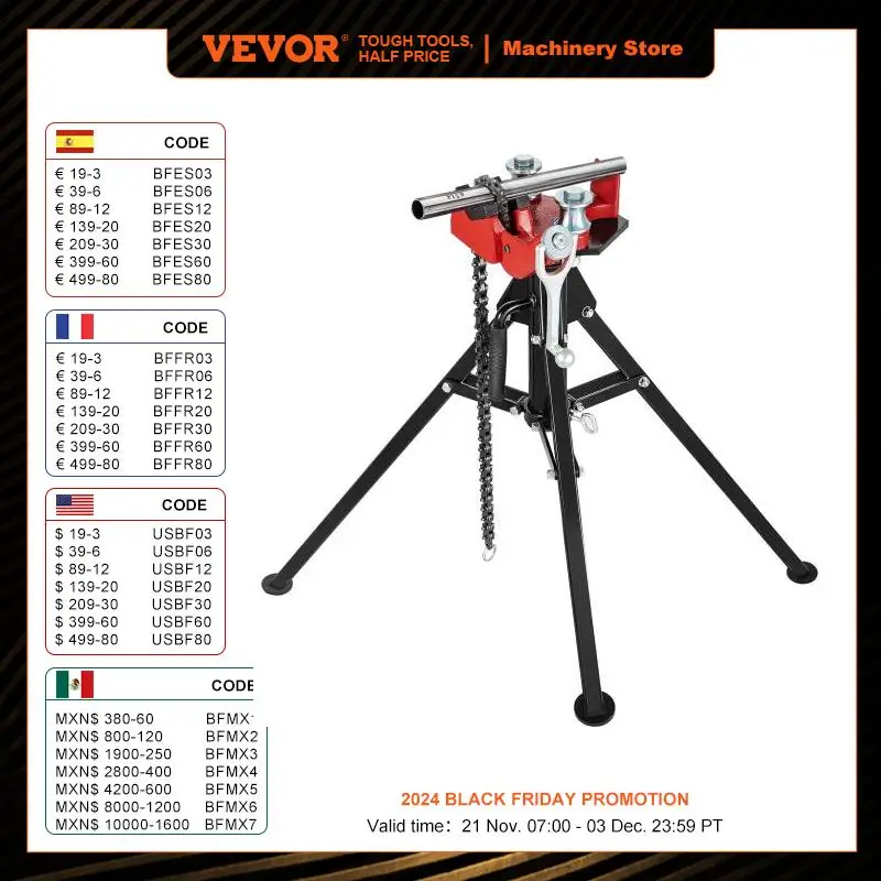 VEVOR Steel Tripod Pipe Chain Vise 1/8-5in Capacity Foldable Legs Tri-Stand Bench Vice for Fixing Supporting Bending Metal Pipes