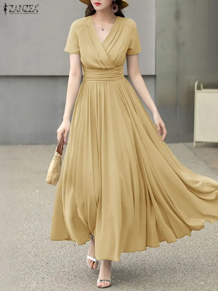 

ZANZEA Women's Elegant A-Line Party Dresses 2025 Fashion Pintuck V-Neck Short Sleeve High Waisted Maxi Dress Wedding Guest Cloth