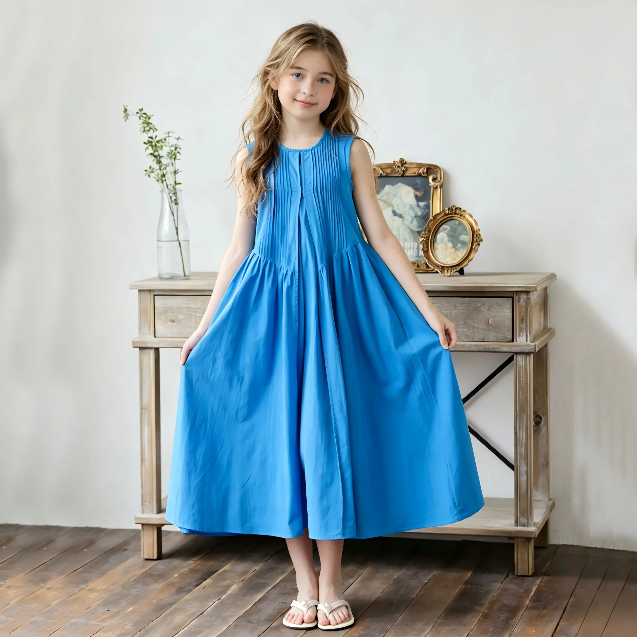 Casual Girls Summer Sleeveless Long Dress Pleated Bodice Flowy A-Line Cotton Dress Kids Daily Vacation Outfit 8-14Y
