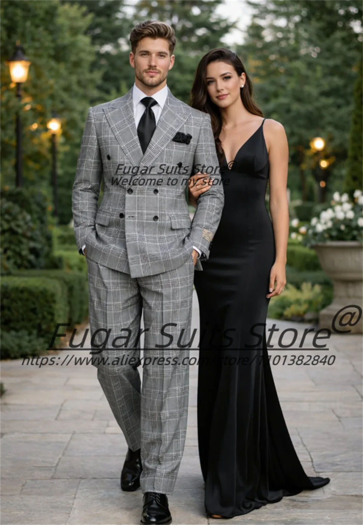 

Business Plaid Formal Men Suits Customized Slim Fit Double Breasted Groom Wedding Tuxedos 2 Pieces Sets Male Party Prom Blazers