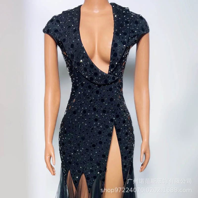 Abito avvolgente alla moda con spacco in rete nera, compleanno, sera di fascia alta, modello adulto, passerella, abito alla moda, maxi abiti per invitati al matrimonio