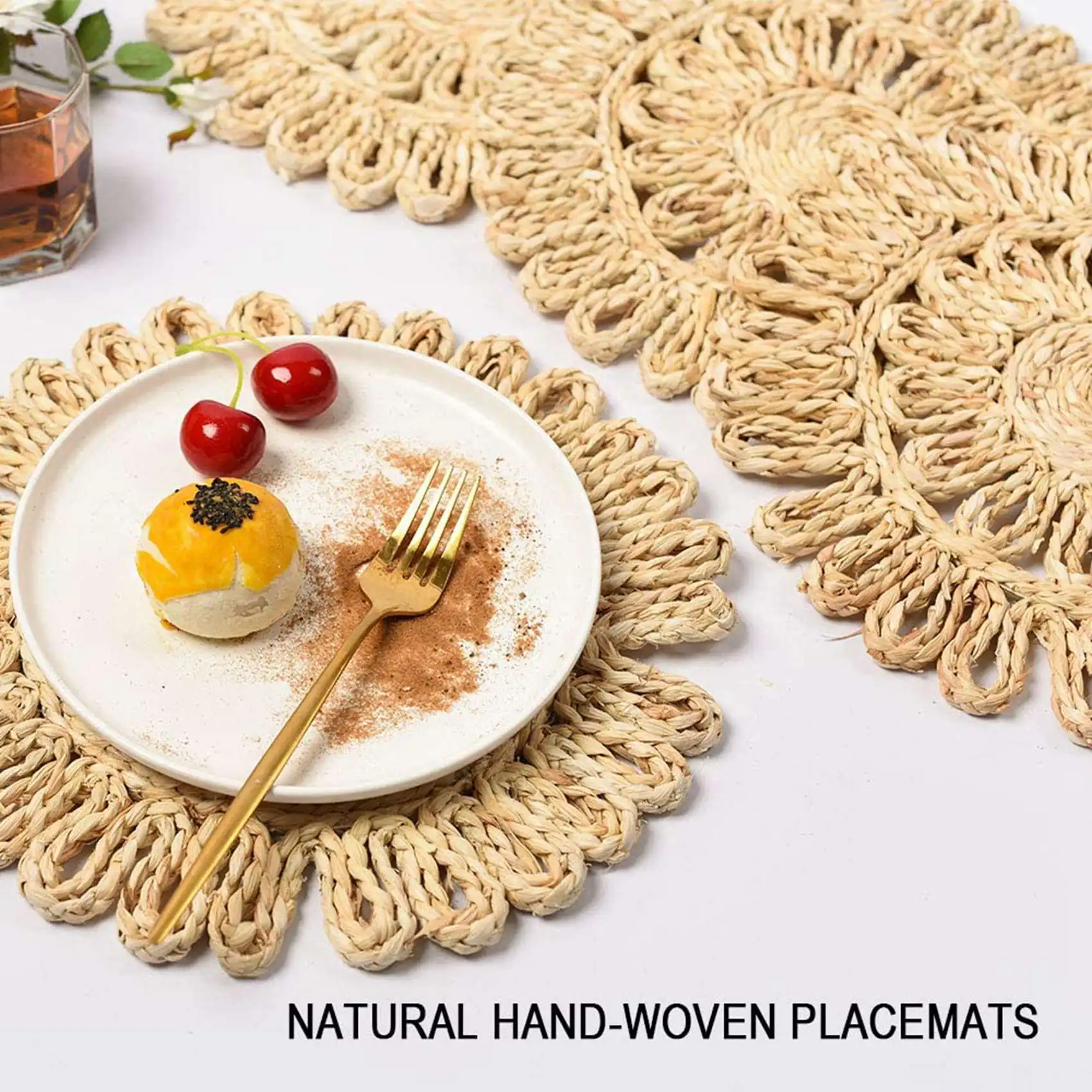 ABJI-12X Round Woven Placemat For Dining Table,Natural Braided Rattan Tablemat Hollow Wicker Plates