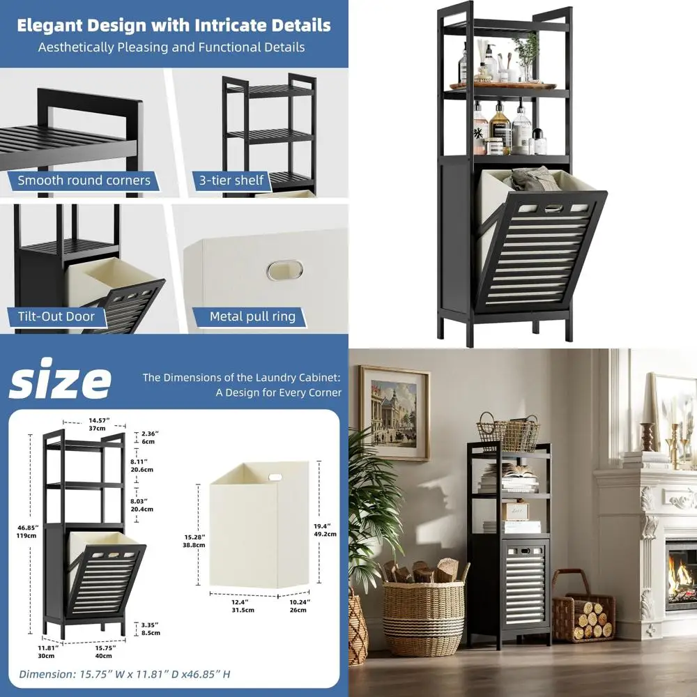 

Bamboo 3-Tier Storage Hamper with Pull-Out Removable Bag and Metal Handle, 8.5 Gallon Capacity, Black