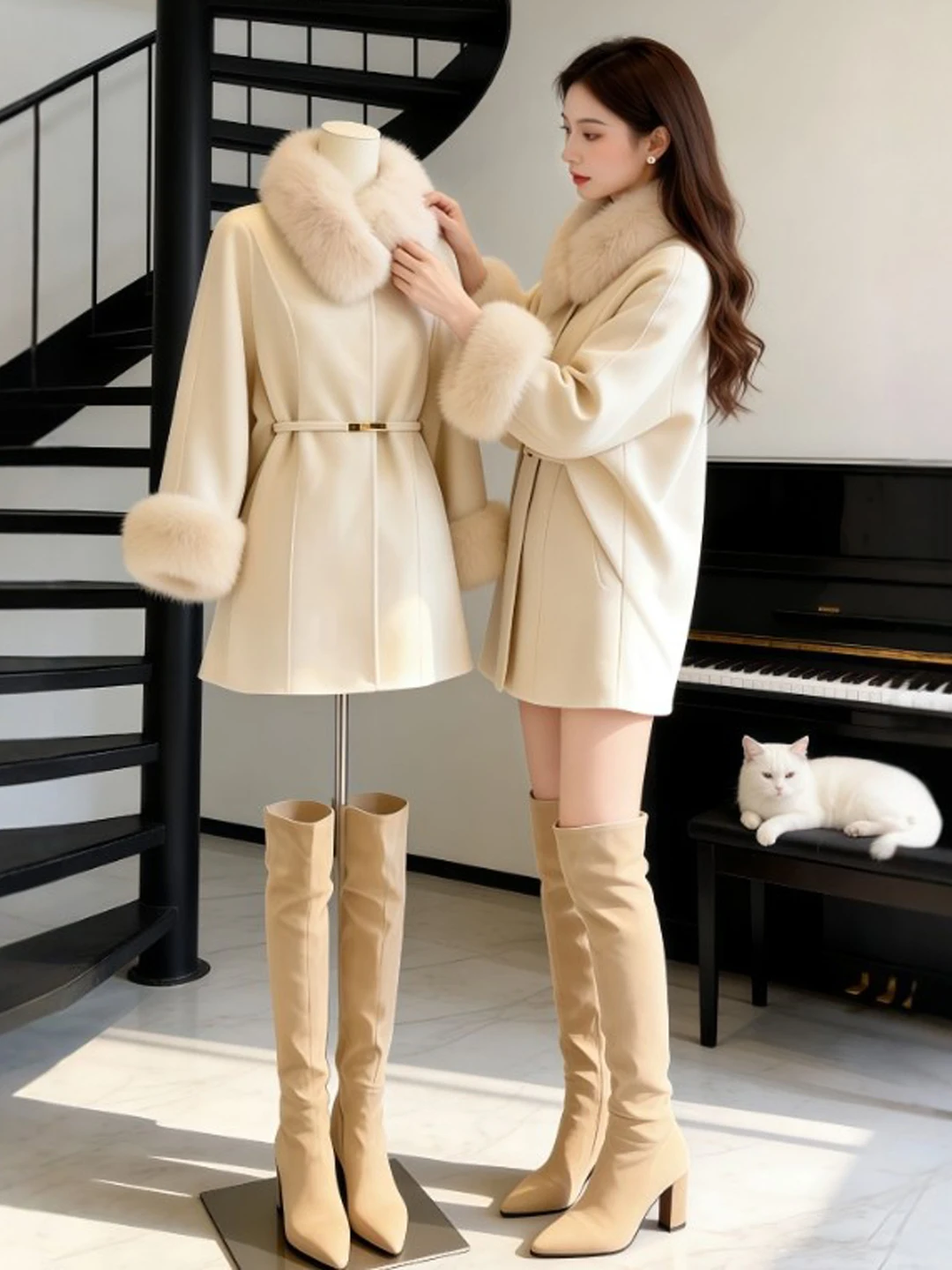 

Ele Woolen Coat Waist-Cinching Gentle Sle Unique Attractive for Important Ocns Autumn Winter Long Sve Women's Coat