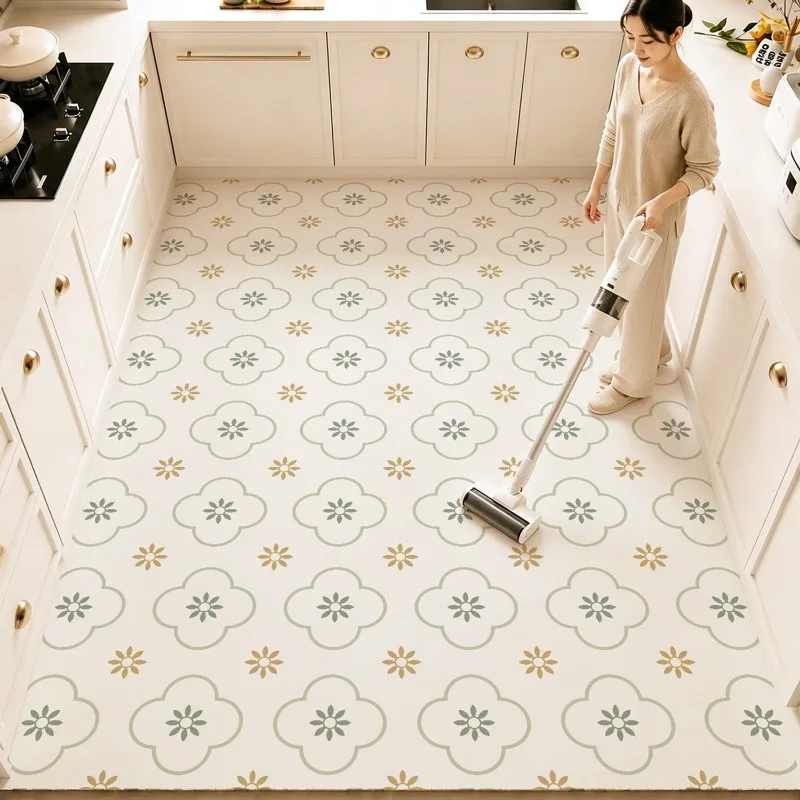 Vintage Fresh Small Tile Pattern Full Kitchen Rug Waterproof Oil-proof PVC Area Carpet Large Non-Slip Floor Mat for Home Balcony