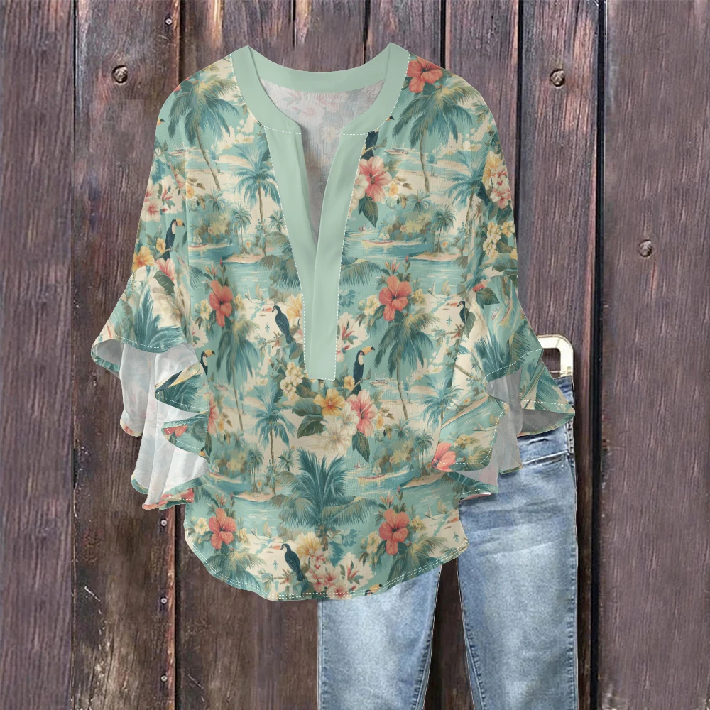 فلامنغو الاستوائية طباعة المرأة بلوزة عصرية الخامس الرقبة جرس الأكمام فلوي التجعيد النسيج قميص الحلو النمط الرعوي بلايز عادية