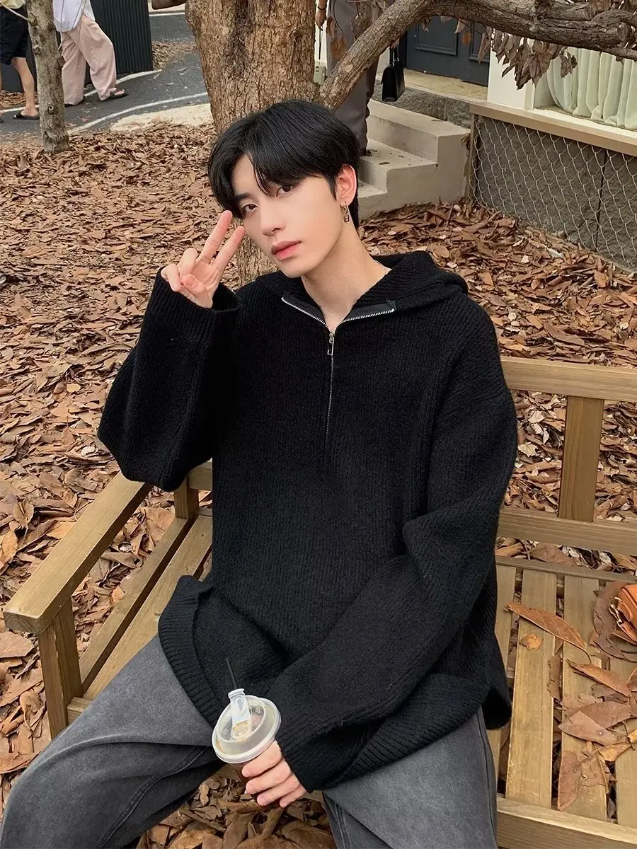 

Высококачественный осенне-зимний новый повседневный свободный свитер с капюшоном в ленивом стиле, вязаный свитер, мужское пальто с длинными рукавами