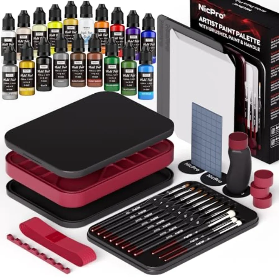 

All-In-One Miniature Painting Kit, Including 18 Colors Model Paint, Wet Palette, 11PCS Detail Paint Brushes Drybrush, Magnetic