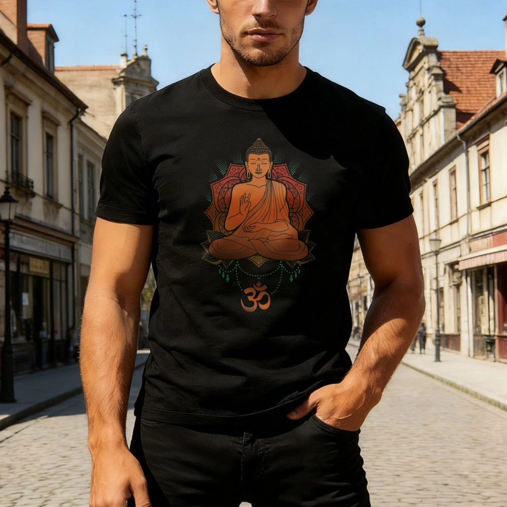 Buddha Om Buddhist Mandala Spiritual Buddhism T-Shirt Men Fashion O-neck Short Sleeve Printed Tees Color Print Design Tops