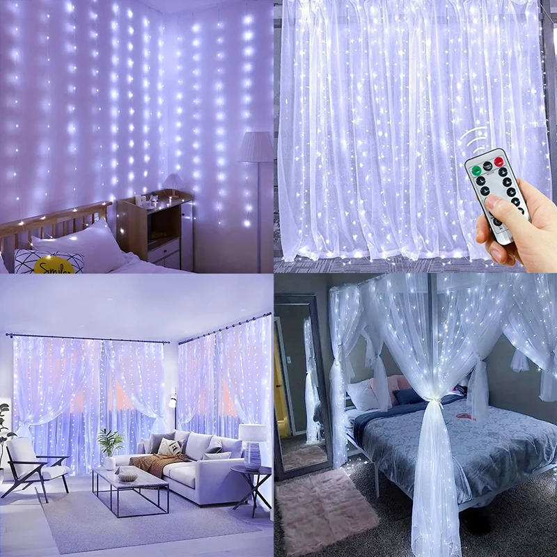 LED Garland Curtain Lights 8 Modes USB Remote Control Fairy Lights String Wedding Christmas Decor for Home Bedroom New Year Lamp