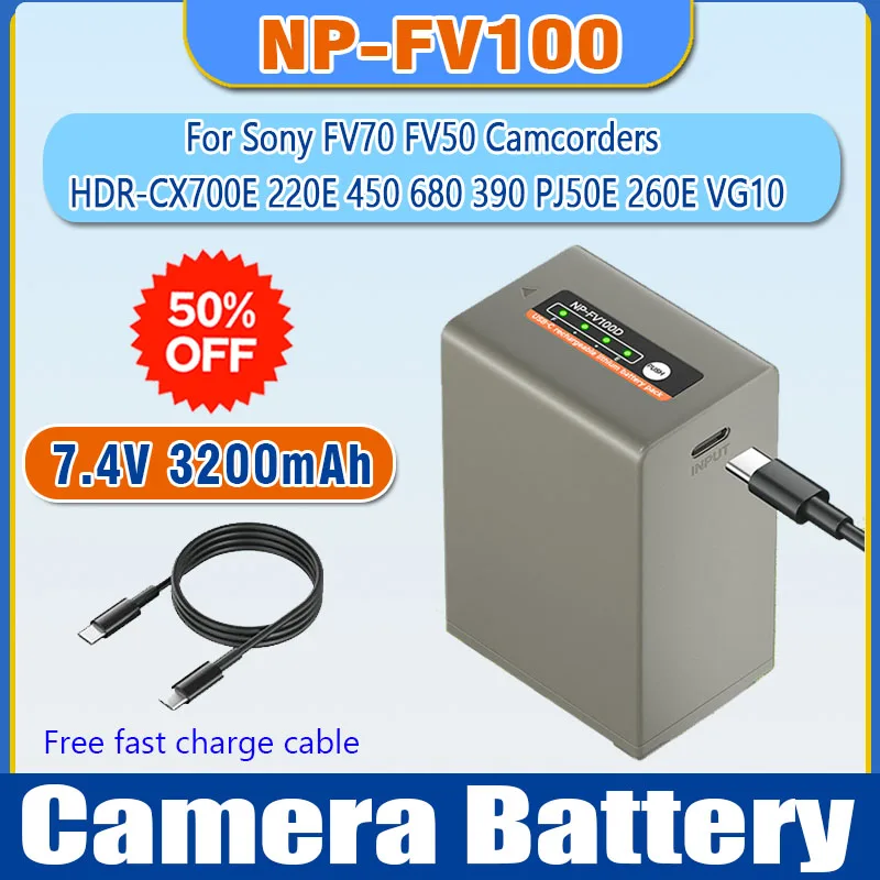 NP-FV100 Camera Battery Type-C Charging Compatible for Sony FV70 FV50 Camcorders HDR-CX700E 220E 450 680 390 PJ50E 260E VG10
