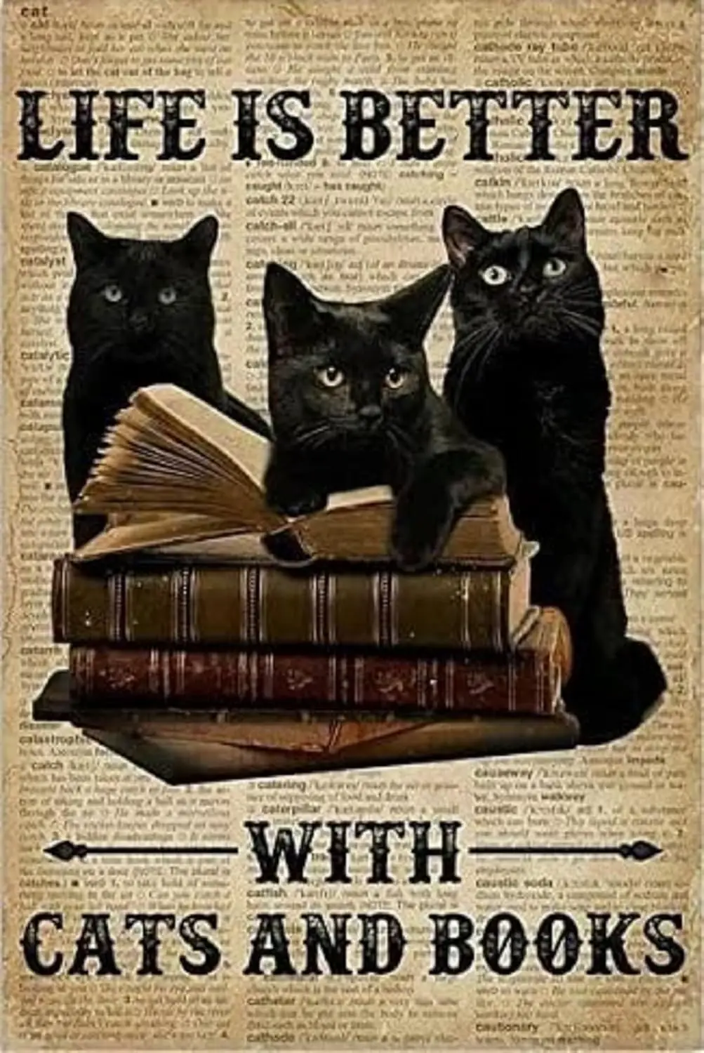 Letrero metálico de estaño con diseño de gato de Bombay, decoración vintage para el hogar, cafetería, biblioteca, librería, estilo retro, divertido, con la frase: La vida es mejor con gatos y libros.