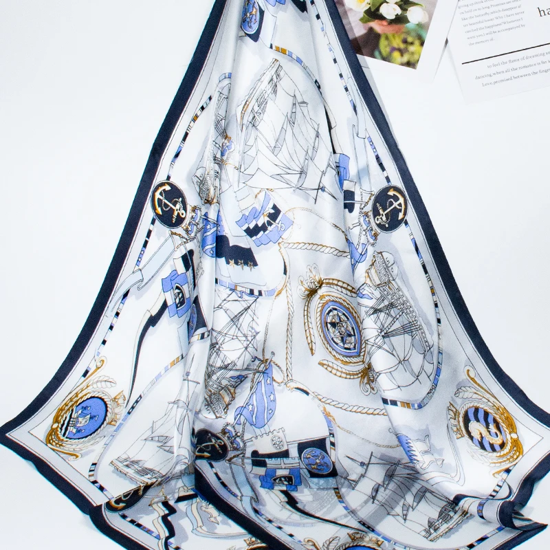 

100% Mulberry Silk Long Scarf With Nautical Pattern Print, Blue Border, Fashionable And Versatile