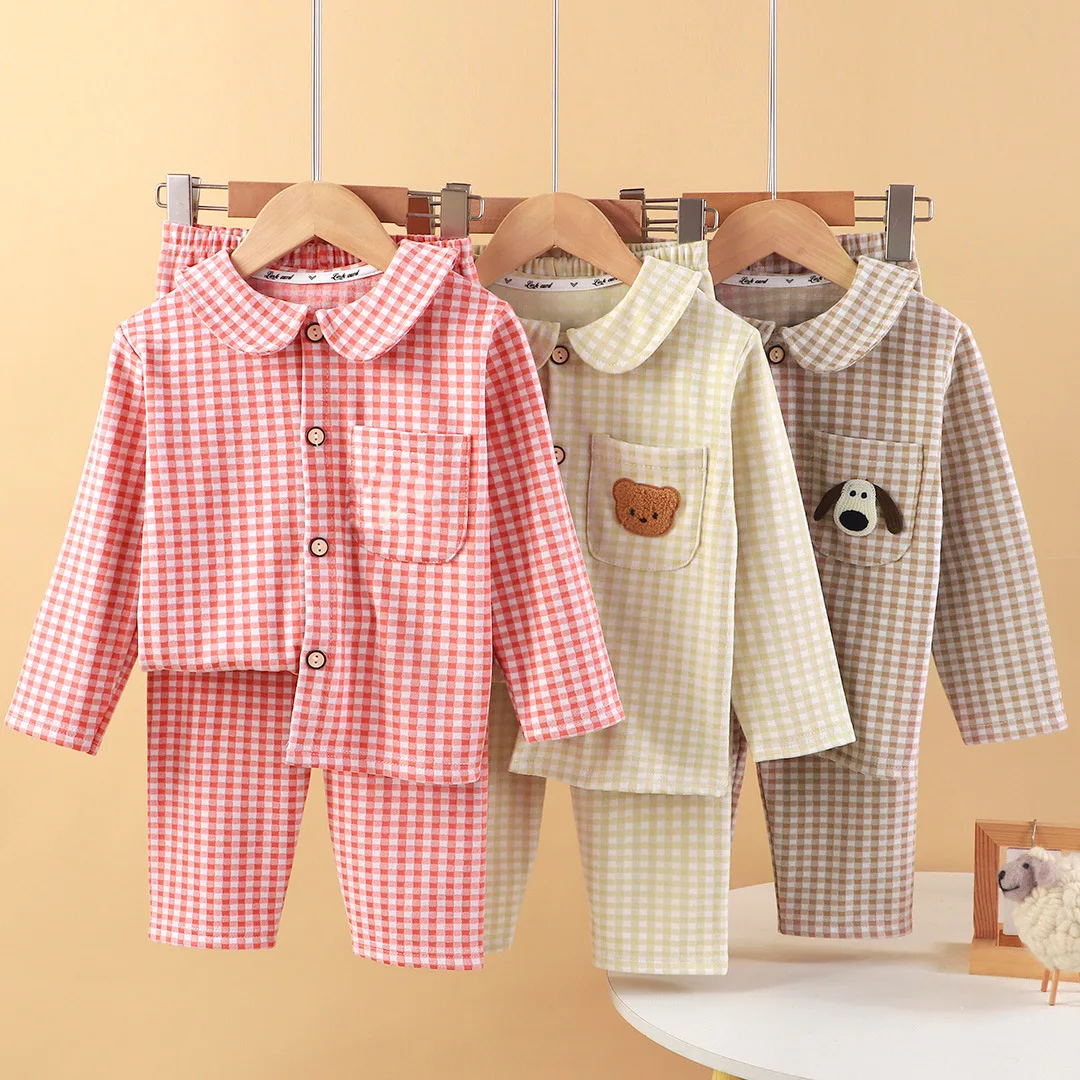 New Kids Autumn Casual Pajamas Home Wear Baby Boys Girls Plaid Long Sleeve Lapel Pyjamas Children's Warm Sleepwear Clothing Sets