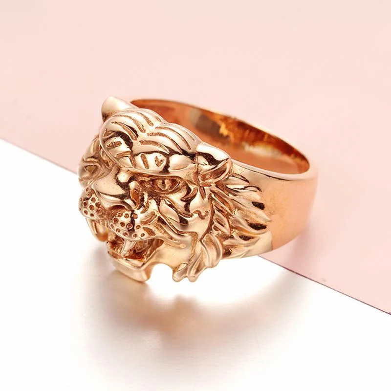 585 Purple Gold Plated 14K Rose Gold stereoscopic Tiger Head mens rings Masculine Aggressive Designer's Original Jewelry