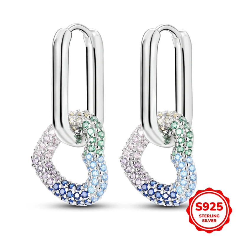 

100% 925 Sterling Silver Earrings Women Rainbow heart U-shaped Hoop Earring For Anniversary Wedding Jewelry Gifts