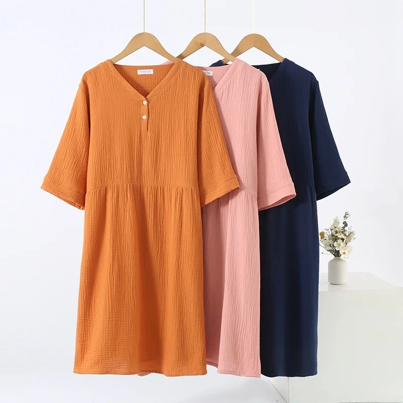 

Women's 100% Cotton Crepe Gauze Summer Dresses Mid-Sleeve V-neck Soild Casual Soild Midi Dress Ladies Robes Travel Streetwear