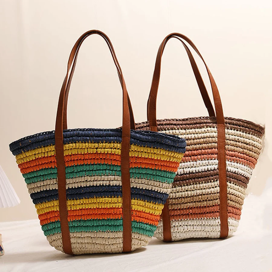 

Летняя женская сумка-тоут из ротанга ручной работы, радужная, пляжная, большая вместимость, плетеная, соломенная, на плечо, Sac