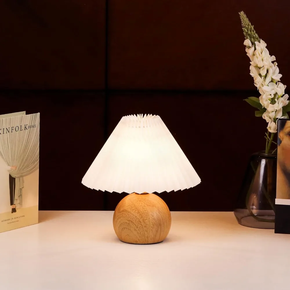 

kunjoulam small pleated table lamp, modern bedside nightstand lamp with beige lampshade, metal base cute lamp for bedroom, livin