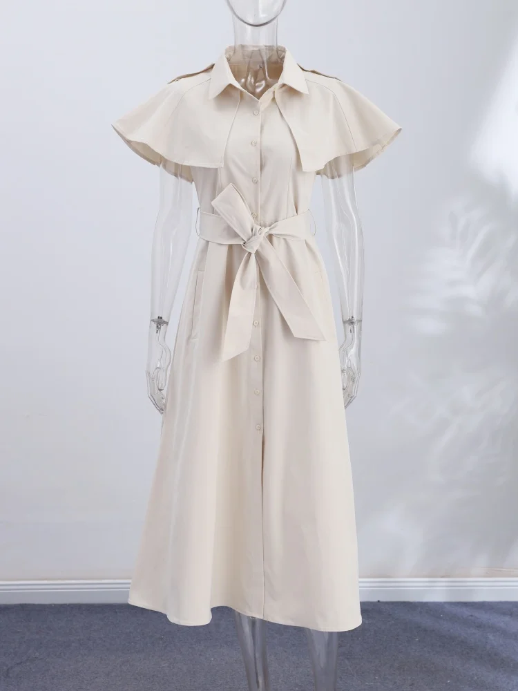 Damen Trenchcoat-Stil Hemdkleid Einfarbig Cape-Ärmel Taillengürtel Knopfleiste Midi-Rock Lässig Schick Tägliches Büro-Outfit Neu – Detail 2