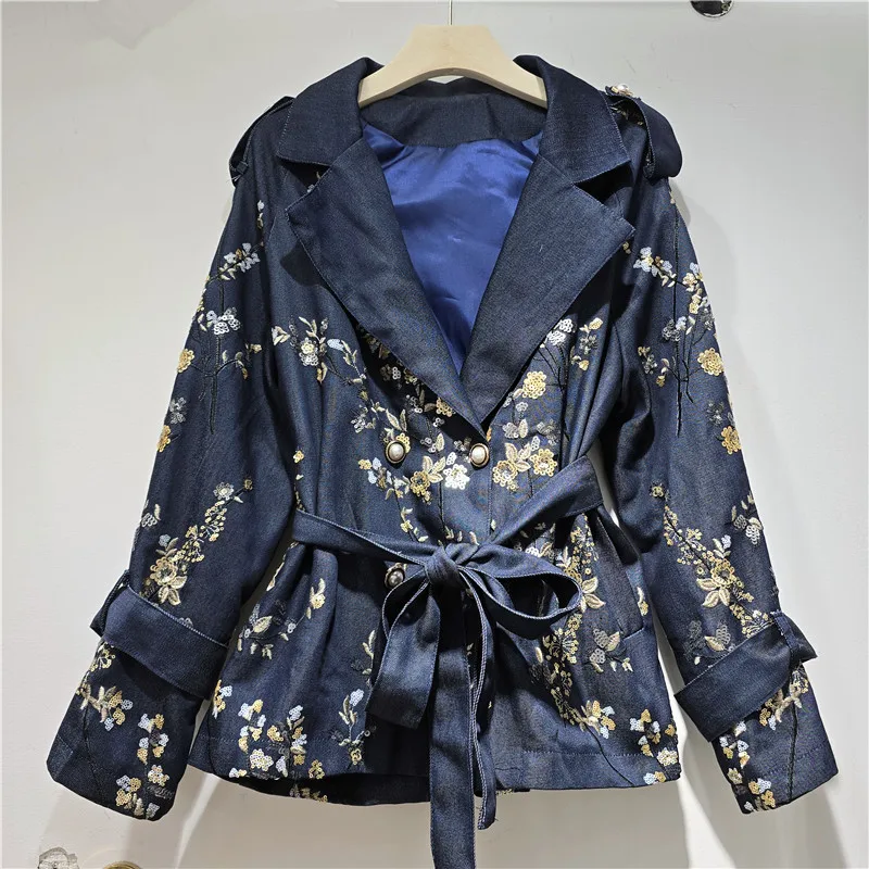 WTHT Fashion Women Double-breasted Flower Embroidery Denim Trench Coat 2026 Autumn Lapel Long-sleeve Windbreaker Female 1LS3185