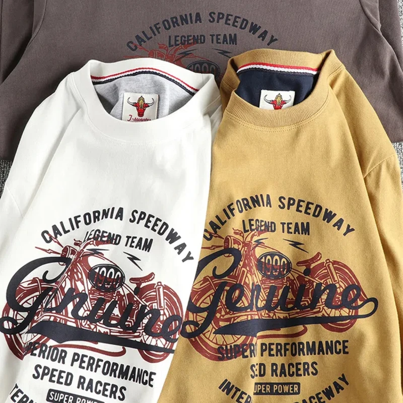 Personalized vintage motorcycle letter pattern long sleeve T-shirt men\'s wash woolen cotton comfortable all-match base shirt