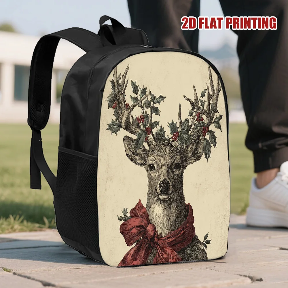 

A 2D flat print Christmas deer backpack with holly - a lightweight and sturdy student bag with removable shoulder straps