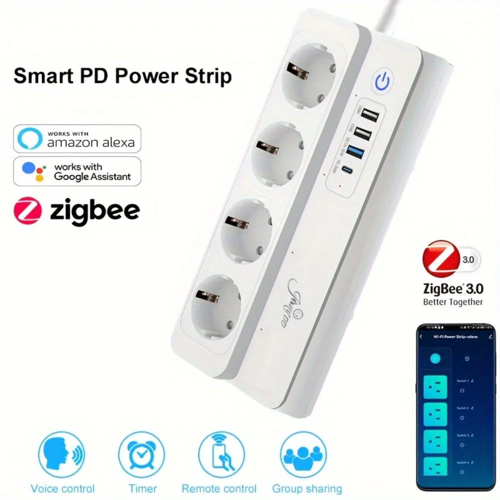 

UseeLink Zigbee Smart Power Strip EU Extension Cord Type C PD20W 3 USB Tuya Smart Life Socket Support Alexa Google Assistant