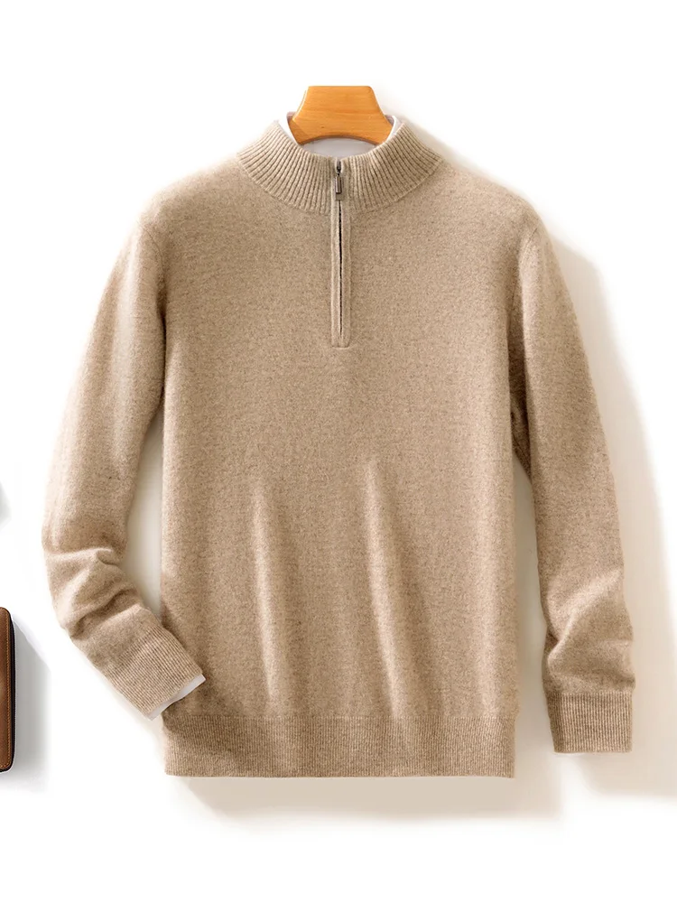 New Chic Men's Clothing Autumn Winter Stand Collar Casual Loose Sweater 100% Cashmere Knitted Zipper Pullover Basics male Tops