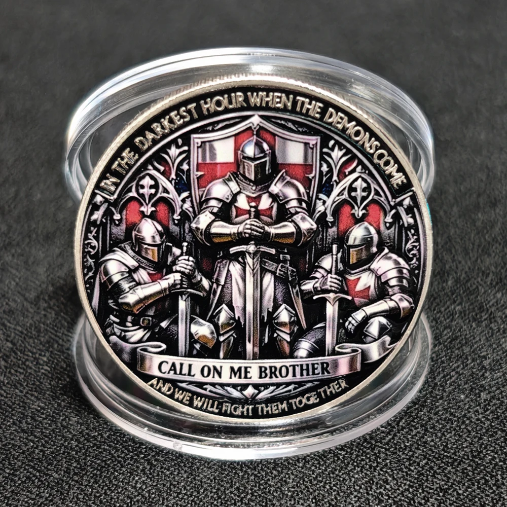 Silver Plated Alloy Knights Templar Engraved Medal Crusader Warrior Honor Souvenir Collectible Decor Badge Gift