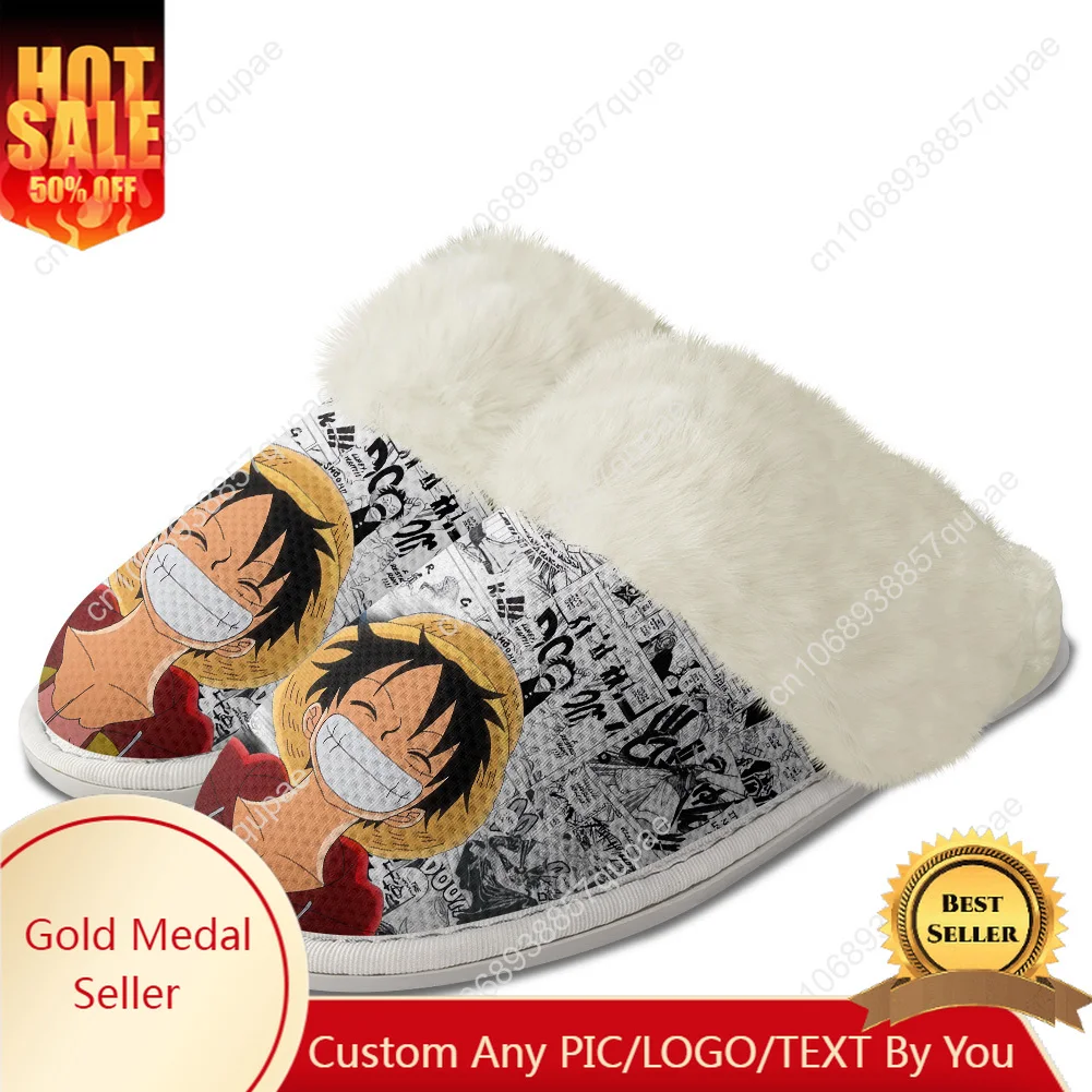 

D L-Luffy Shoes Custom Slippers Anime Comfortable Men Women Home Cotton Plush Bedroom Casual Custom Thermal Lightweight Slipper