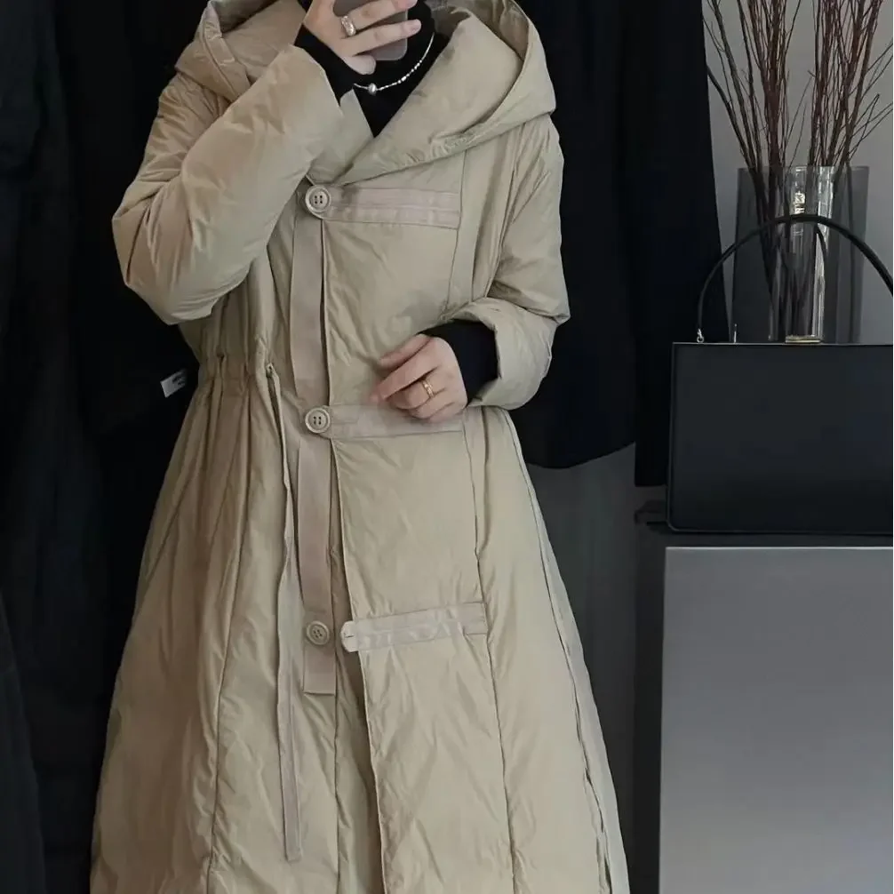 Loose Hooded Long Coat 90 White Duck Down women New Chinese Style Women Down Jacket Winter