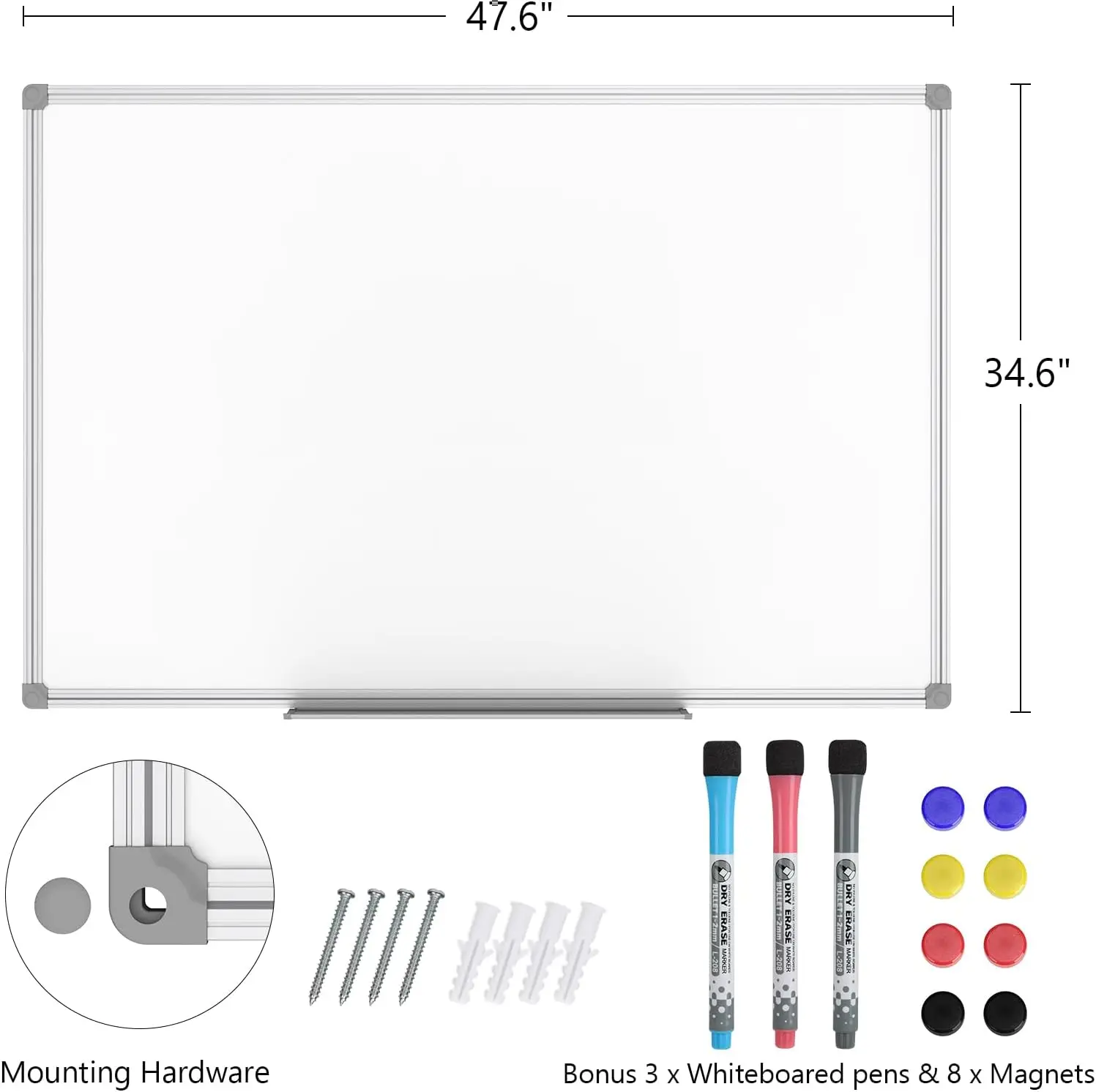 48x36 Inch Magnetic Whiteboard with Aluminum Frame, Includes Marker Tray, 3 Markers, and 8 Magnets for Office or Home Use
