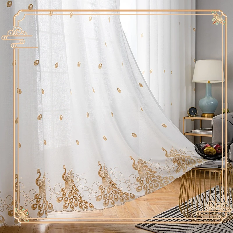 

Window screens, curtains, translucent and opaque, white yarn, peacock embroidery yarn, balcony, living room, white gauze curtain