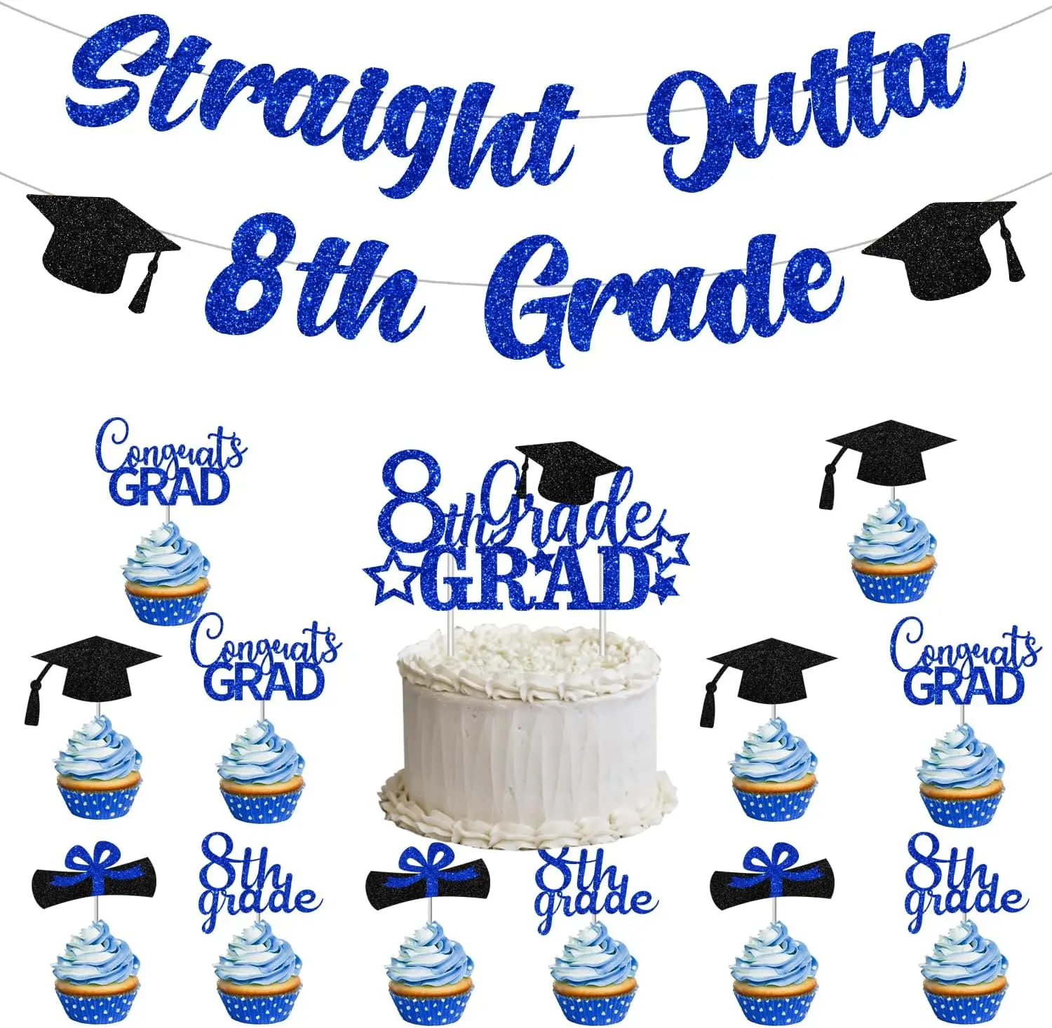 30Pcs Blue and Black Graduation Decoration for 8th Grade Graduation Party  Glitter Banner Cupcake for 2024 Boys Girls