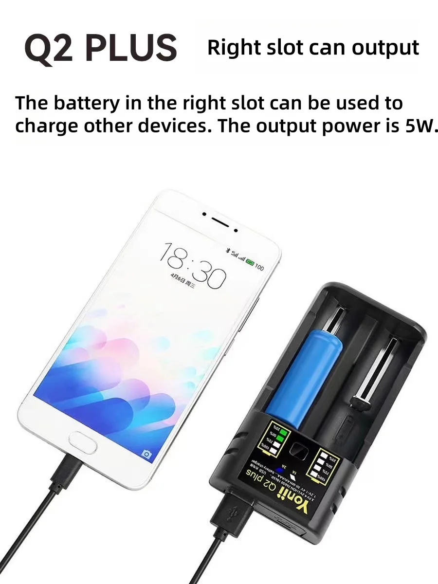 شاحن بطارية Yonii Q2PLUS بفتحتين لـ 3.7VLi-ion 18650 21700 26650 وNi-MH Ni-Cd 1.2V AA، AAA Type-c باور بانك قابل لإعادة الشحن