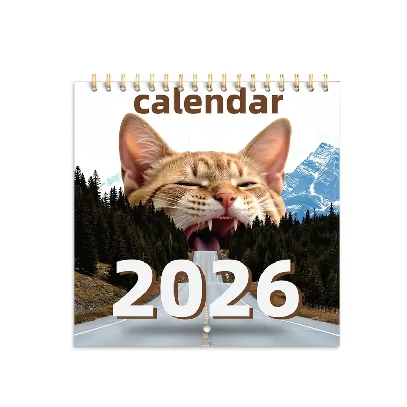 

Календарь с забавным котом на 2026 года. Веселый дизайн Feline со сценой горной дороги, идеально подходящий для любителей кошек и домашнего декора.
