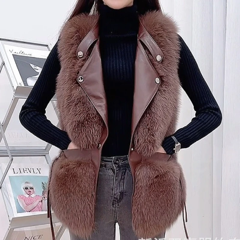 Feminino falso pele de raposa colete casacos sólidos jaquetas emendadas decote em v sem mangas único breasted grosso pele quente casual 2025 outono inverno